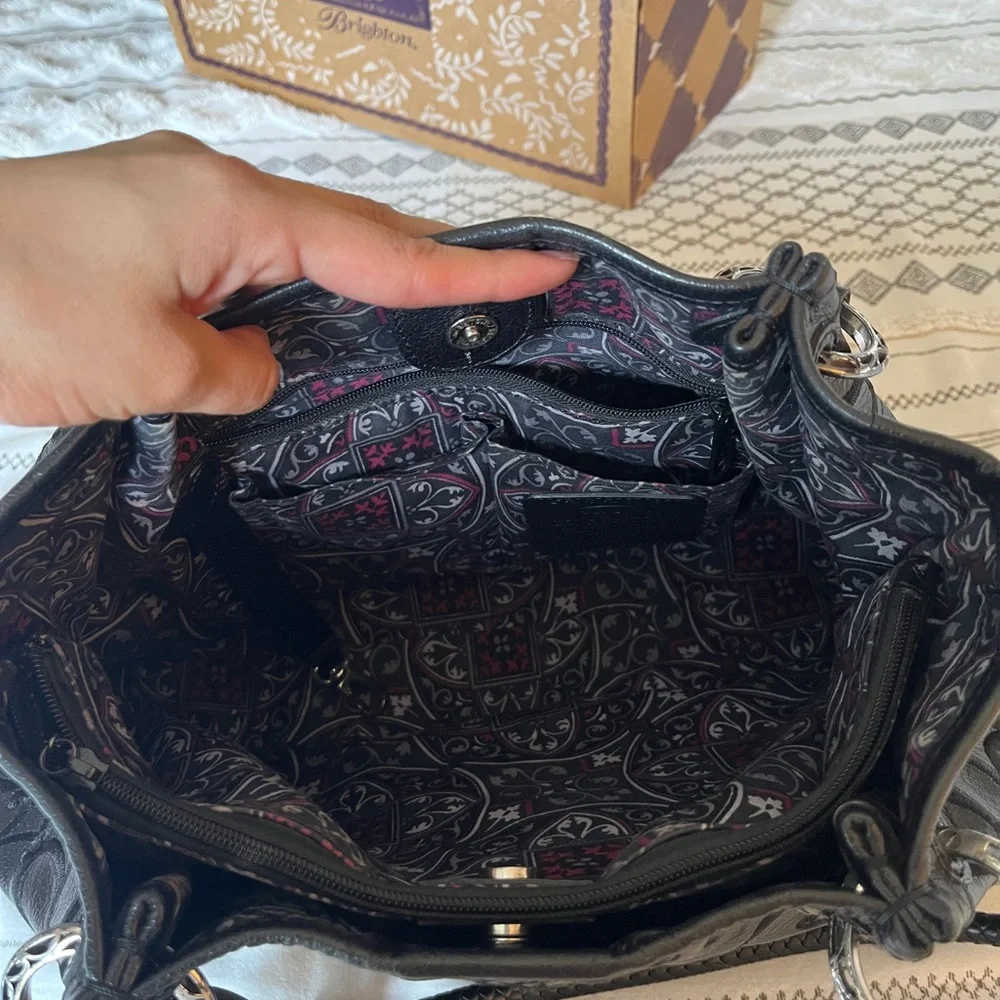 Brighton Black Embossed Floral Leather Shoulder Bag with Tassel - Picture 5 of 10